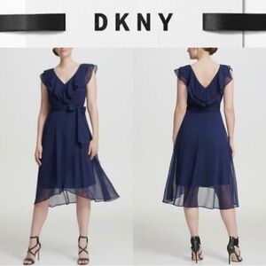 DKNY RUFFLED V NECK NAVY BLUE COCKTAIL MIDI DRESS **NWT**